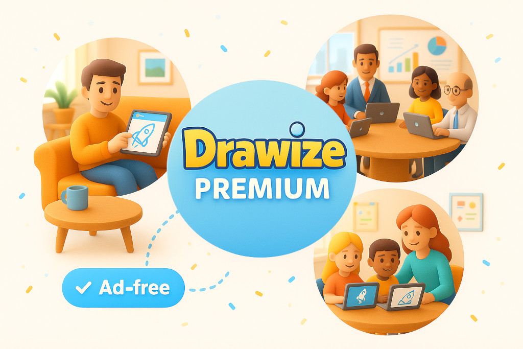 Ad-free Drawize sessions for friends, teams and classrooms