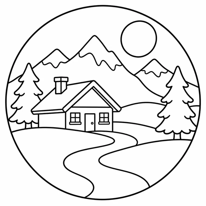 Cabin in the mountains coloring page
