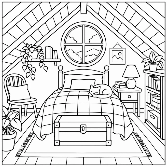 Attic bedroom with a patchwork quilt coloring page