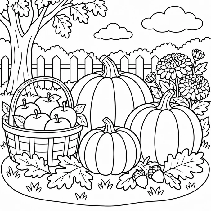Autumn harvest with pumpkins coloring page