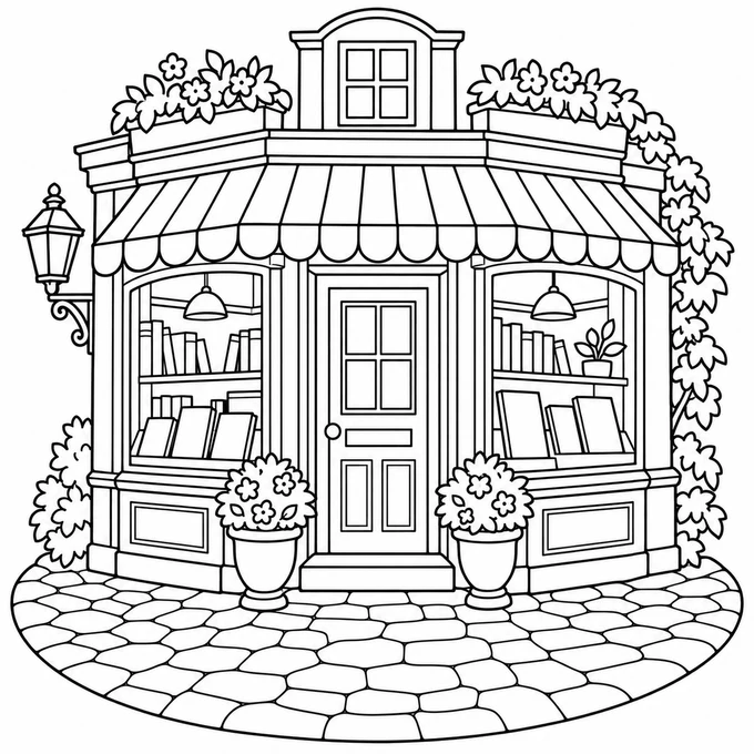 Village bookshop coloring page