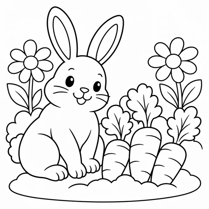 Bunny in a carrot patch coloring page