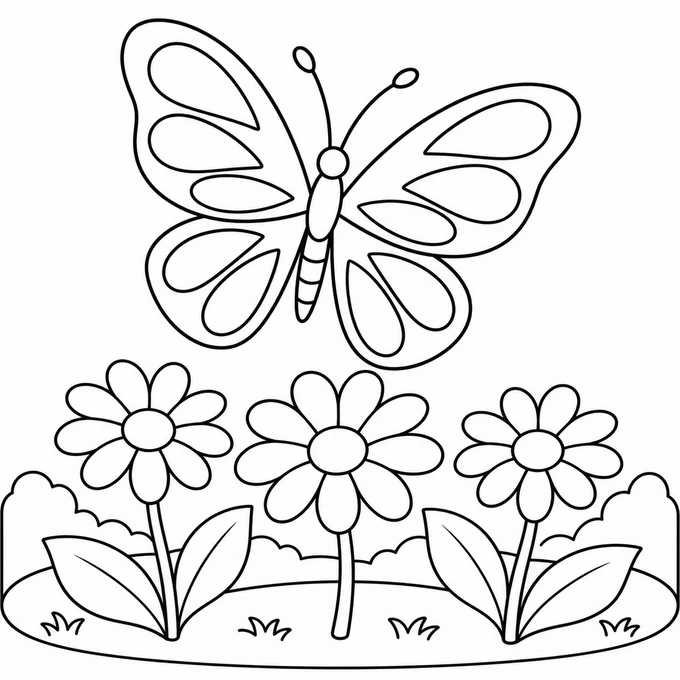 Butterfly over flowers coloring page