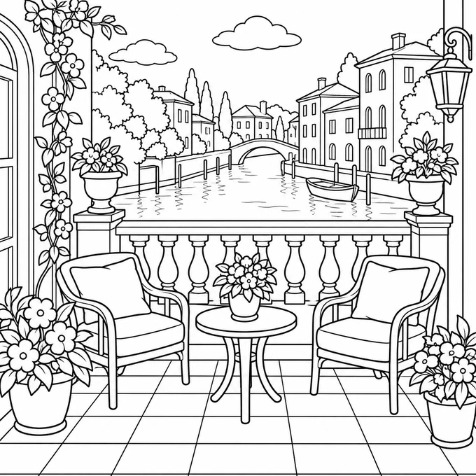 Balcony over a canal coloring page