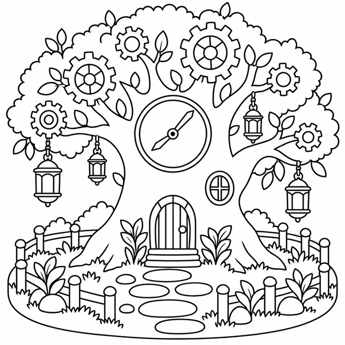 Tree with gears and lanterns coloring page