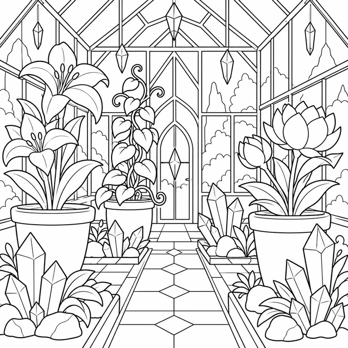 Greenhouse with giant flowers coloring page