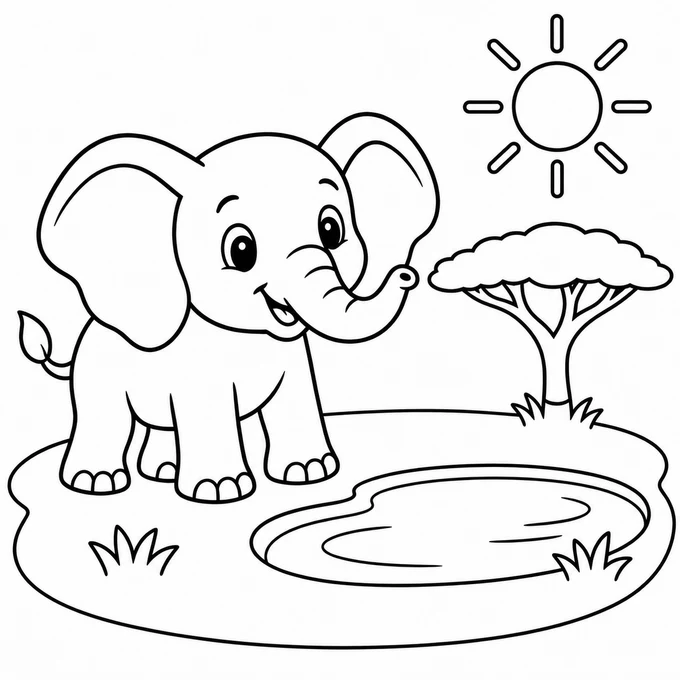 Baby elephant at a waterhole coloring page