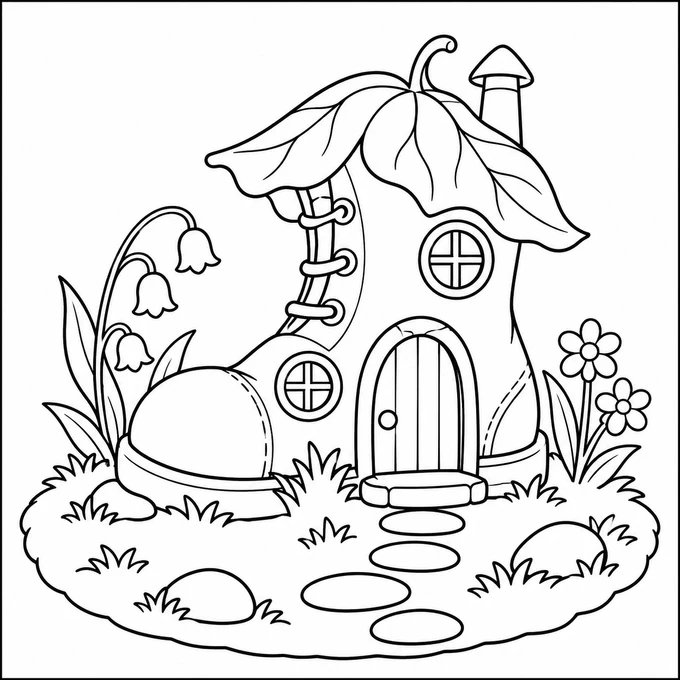Fairy house in a boot coloring page