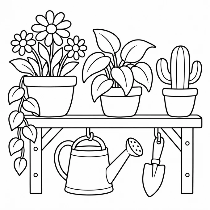 Potting bench with plants coloring page