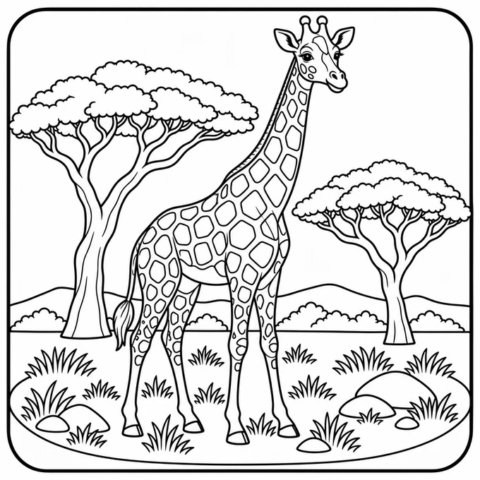 Giraffe with acacia trees coloring page
