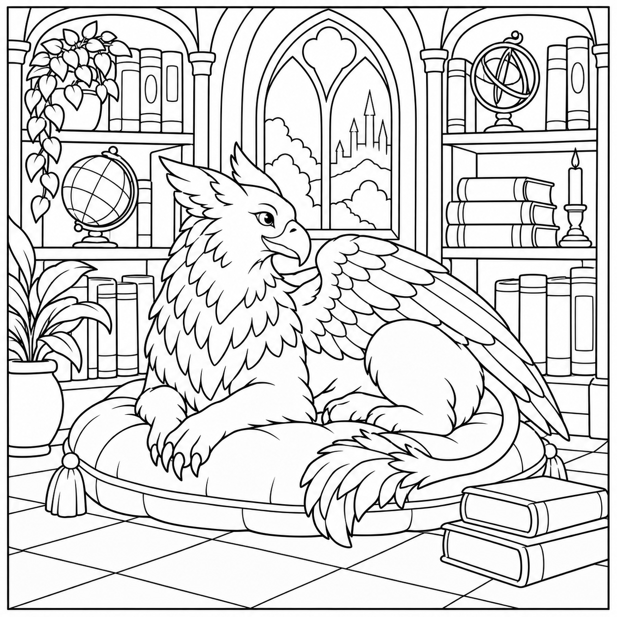 Griffin library, a coloring page to print