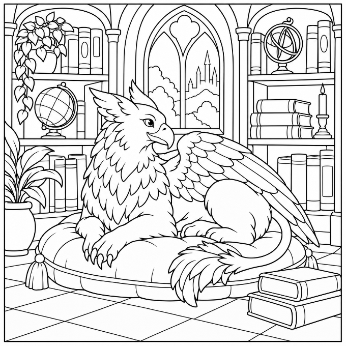 Griffin in a library coloring page