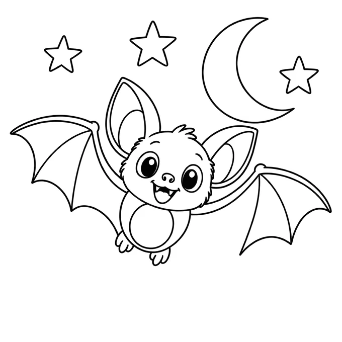 Cute bat and crescent moon coloring page