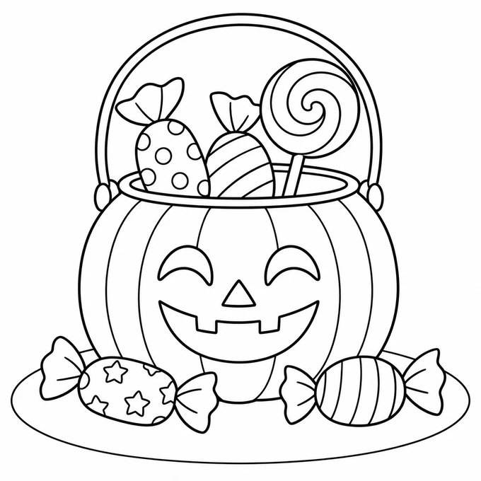Pumpkin bucket full of candy coloring page