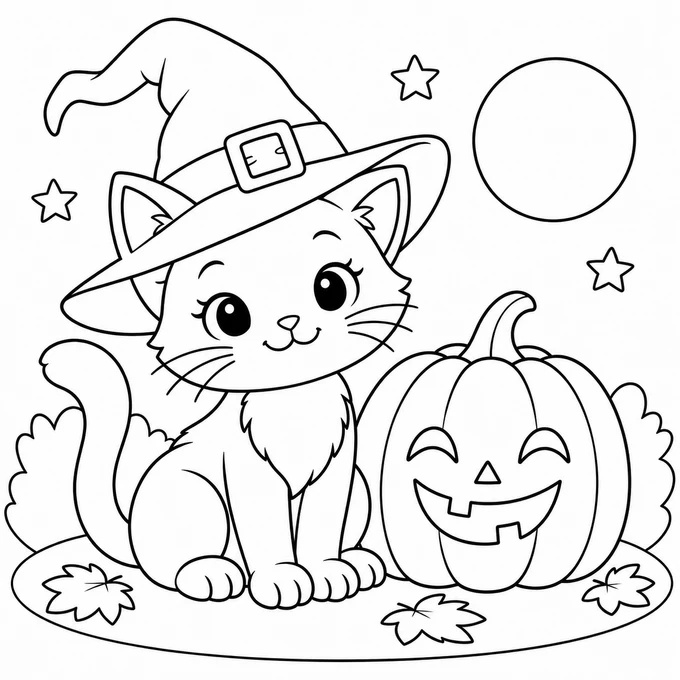 Halloween cat in a witch hat coloring page
