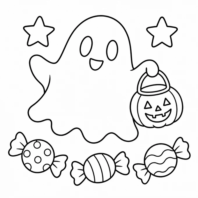 Cute ghost with a candy bucket coloring page