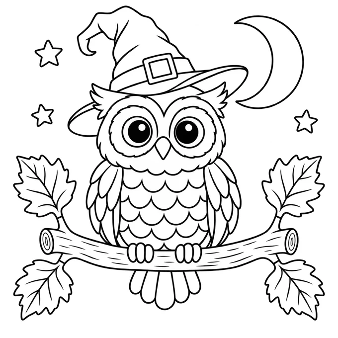 Owl in a witch hat coloring page