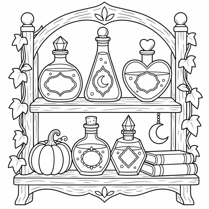 Witch's potion shelf coloring page
