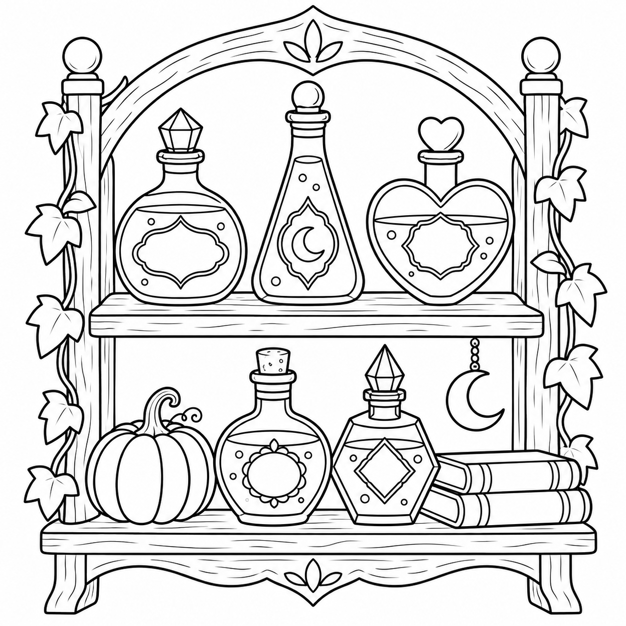 A shelf of little spells, a coloring page to print