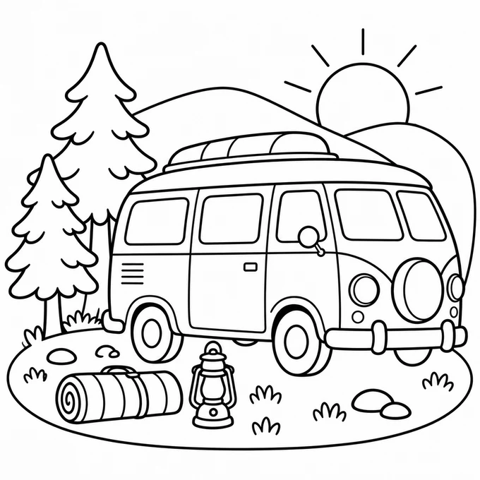 Camper van in the woods coloring page