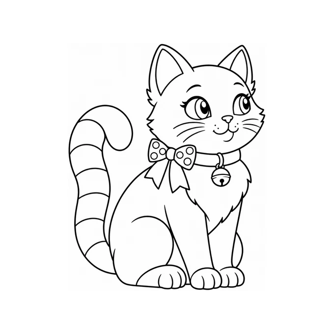 Sitting cat with a bell and bow coloring page