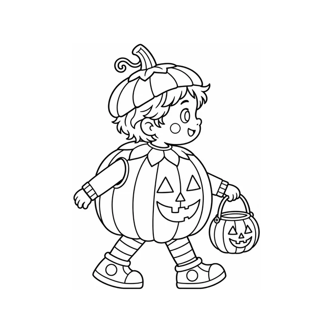 Child in a pumpkin costume coloring page