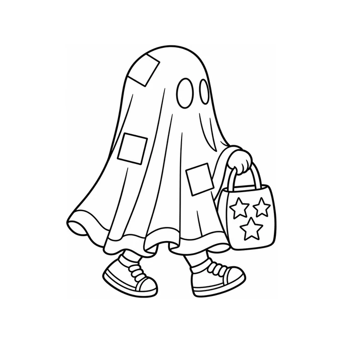 Child in a sheet ghost costume coloring page