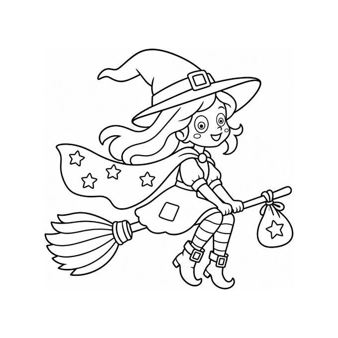 Witch flying on a broomstick coloring page