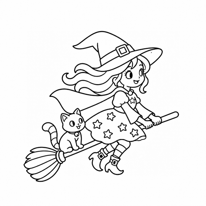 Witch flying with a cat coloring page
