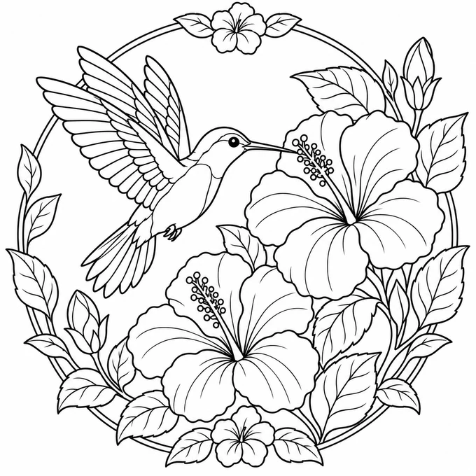 Hummingbird and hibiscus coloring page