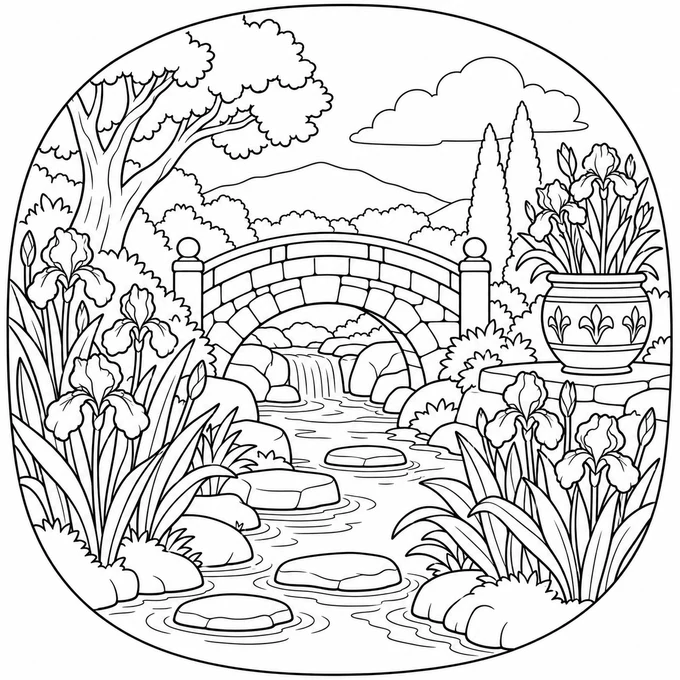 Stone bridge with irises coloring page