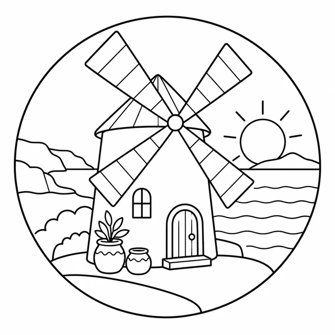 Windmill by the sea coloring page