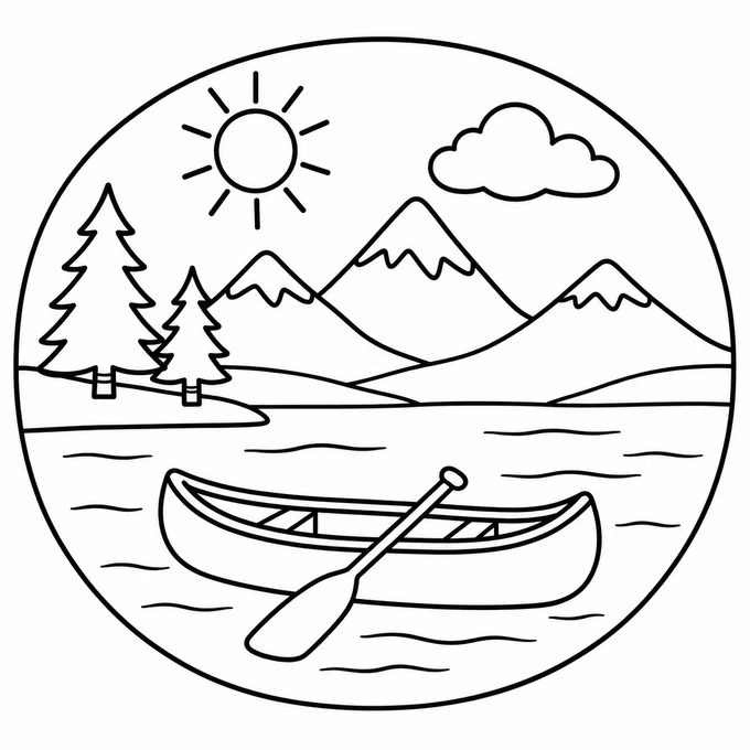 Canoe on a mountain lake coloring page