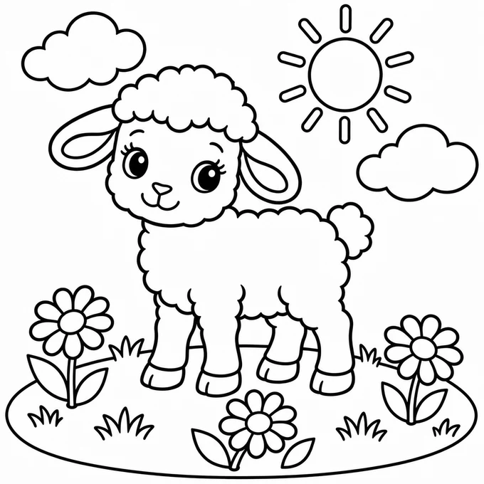 Lamb in a field of daisies coloring page