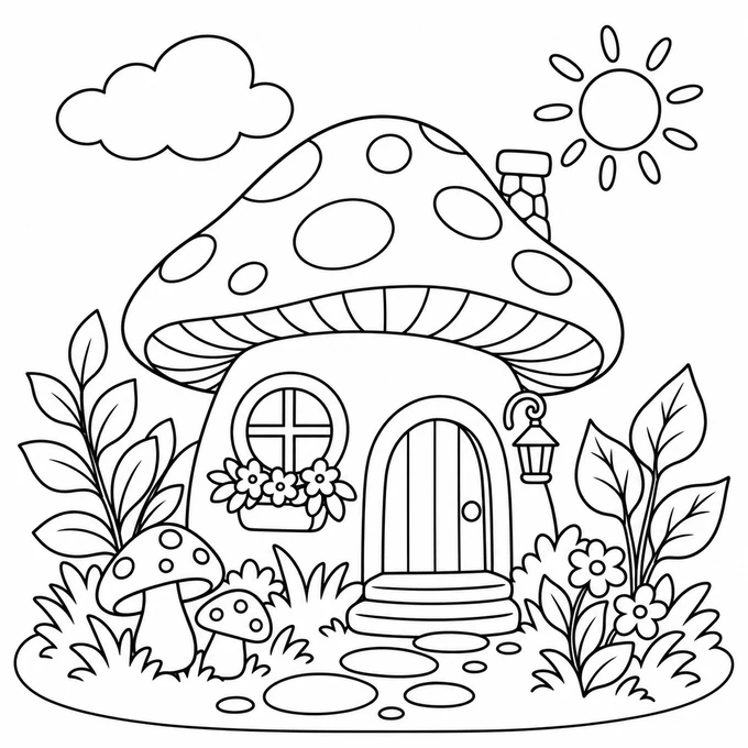 Mushroom house in the forest coloring page