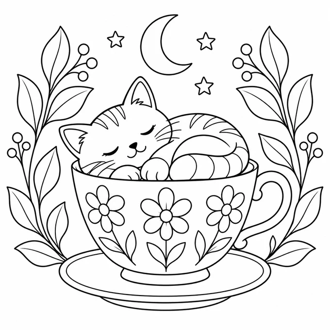 Sleeping cat in a teacup coloring page