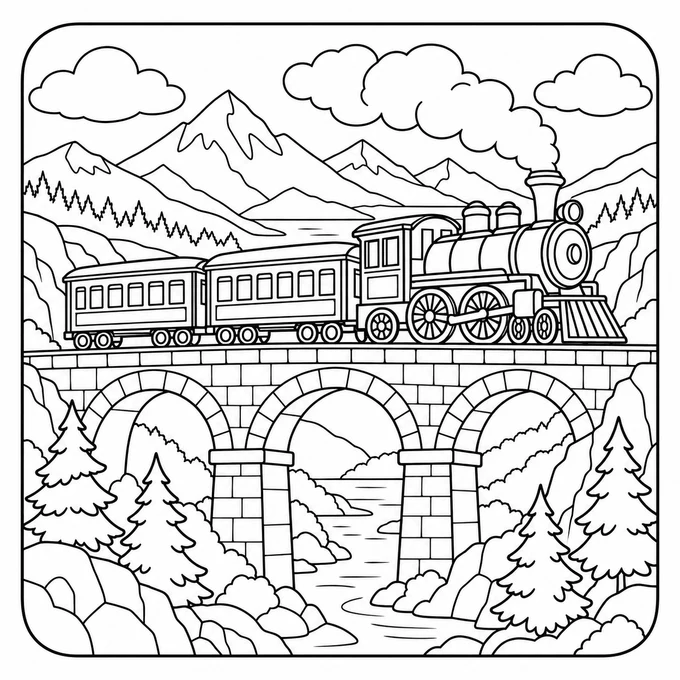 Steam train on a mountain bridge coloring page