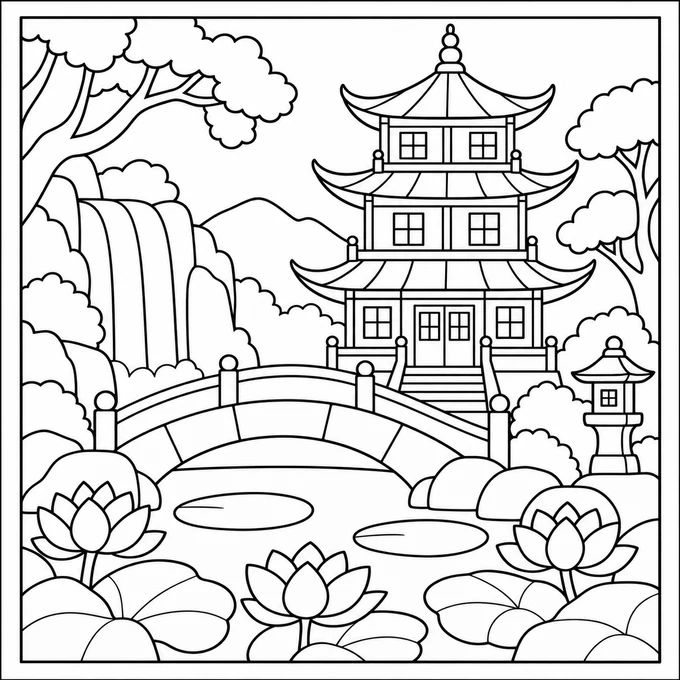 Pagoda garden coloring page