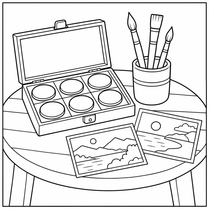 Paint box and brushes coloring page