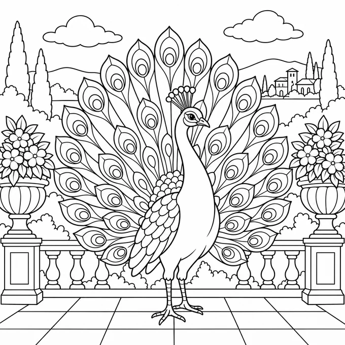 Peacock in a garden courtyard coloring page