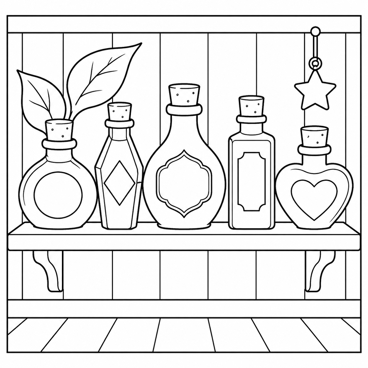 Potion shelf, a coloring page to print