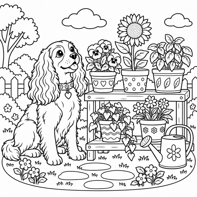 Spaniel at a potting bench coloring page