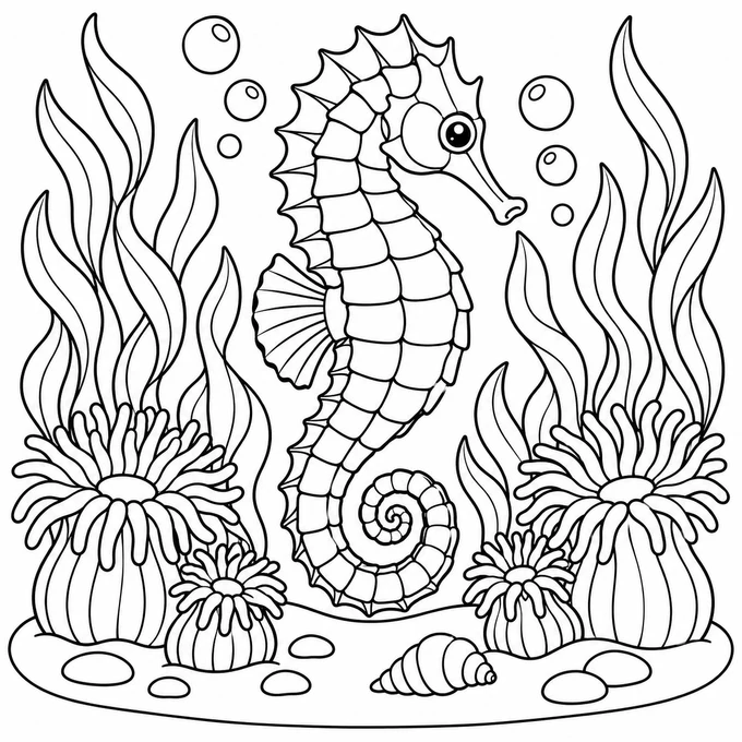 Seahorse in kelp coloring page