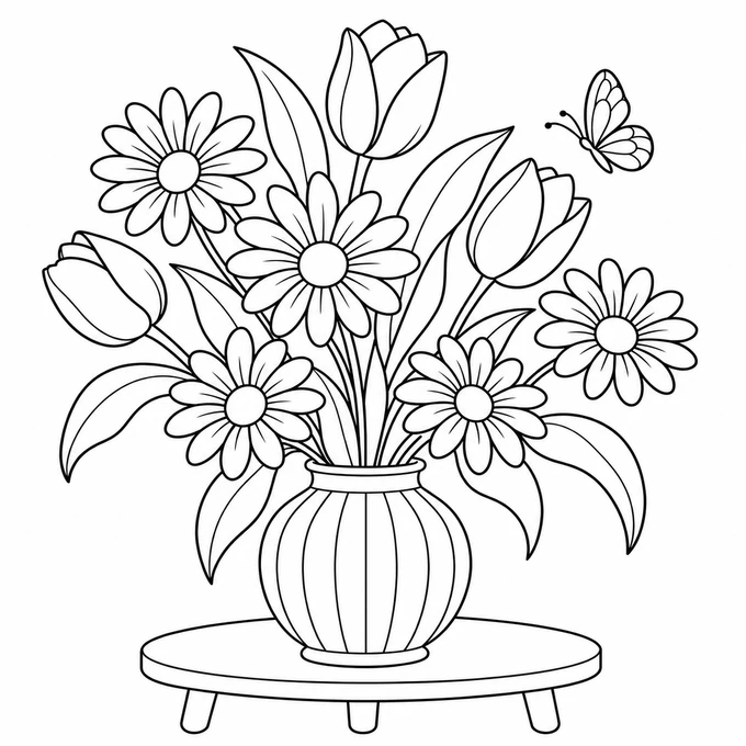 Tulips and daisies in a vase coloring page