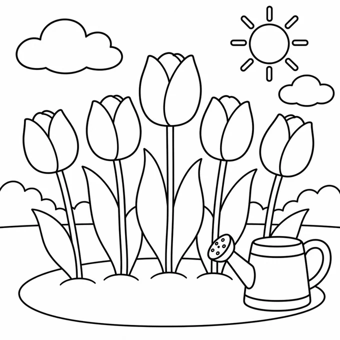 Tulips in a spring garden coloring page