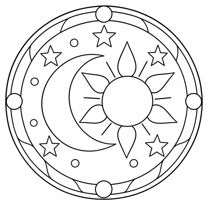 Sun and moon mandala coloring page