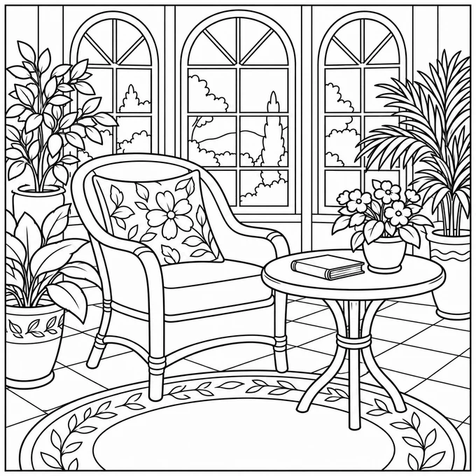 Sunroom with a wicker chair coloring page