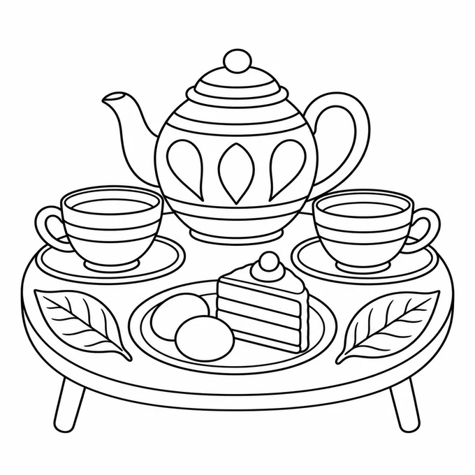 Teapot and teacups coloring page