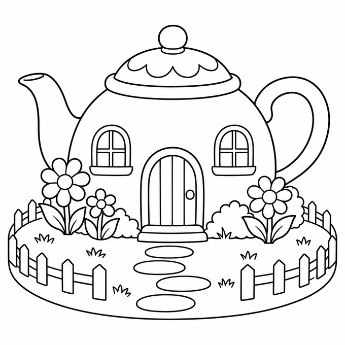 Teapot house coloring page