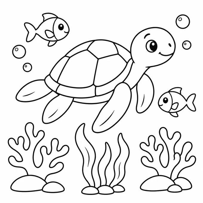 Sea turtle and coral reef coloring page